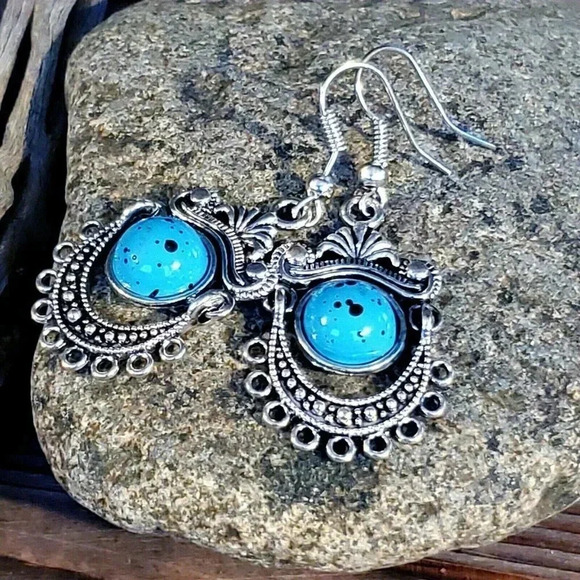 Art Nouveau Antique Silver Faux Turquoise Stone Dangle Earrings - Picture 1 of 6